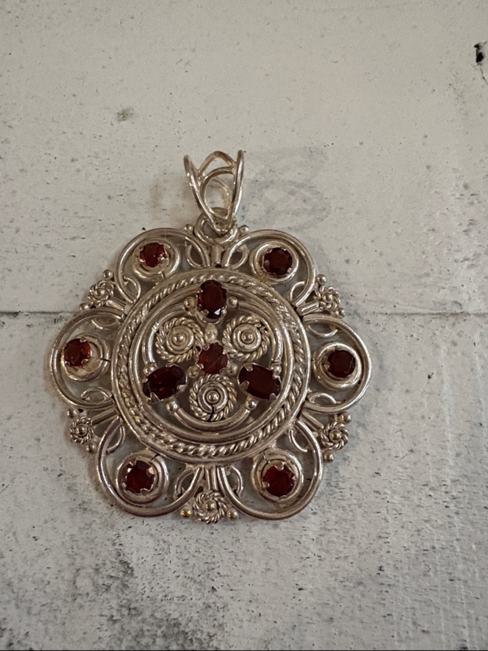 Ornate Silver Garnet Floral Pendant Necklace